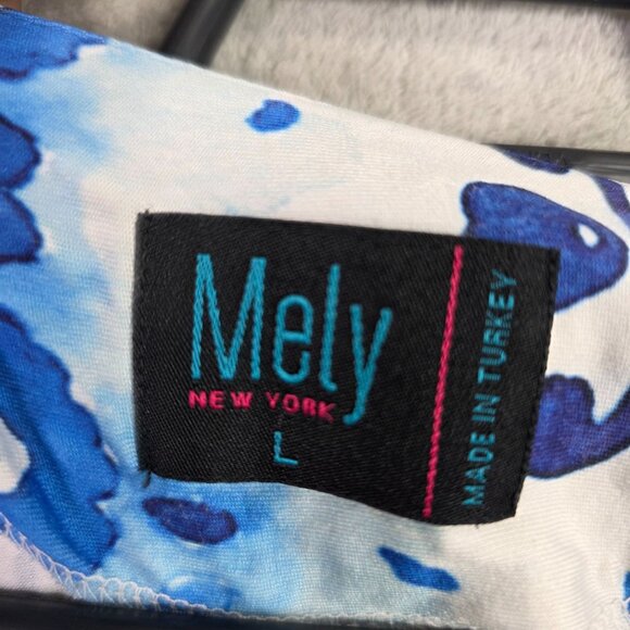 Womens Mely New York Blue & White Print Sleeveless Top Short Sleeve Polyester L - Picture 2 of 8